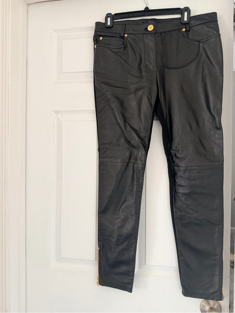 Versace Black Leather Skinny Jeans with Gold Hardware